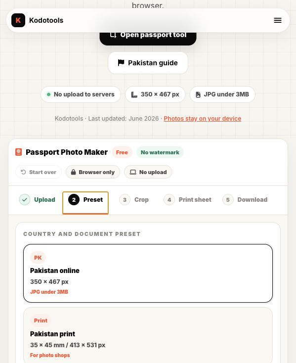 Kodotools Pakistan passport photo preset selected with 350 x 467 px and JPG under 3MB