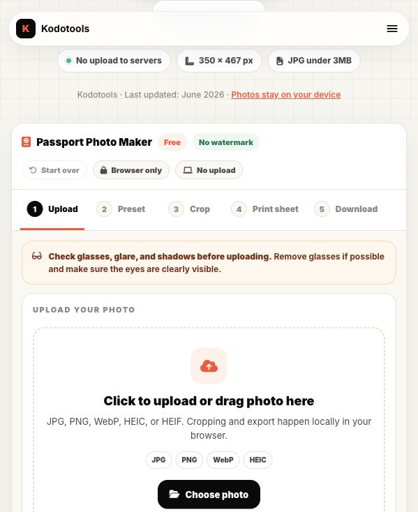 Kodotools passport photo maker upload step showing no upload to servers and JPG under 3MB badges